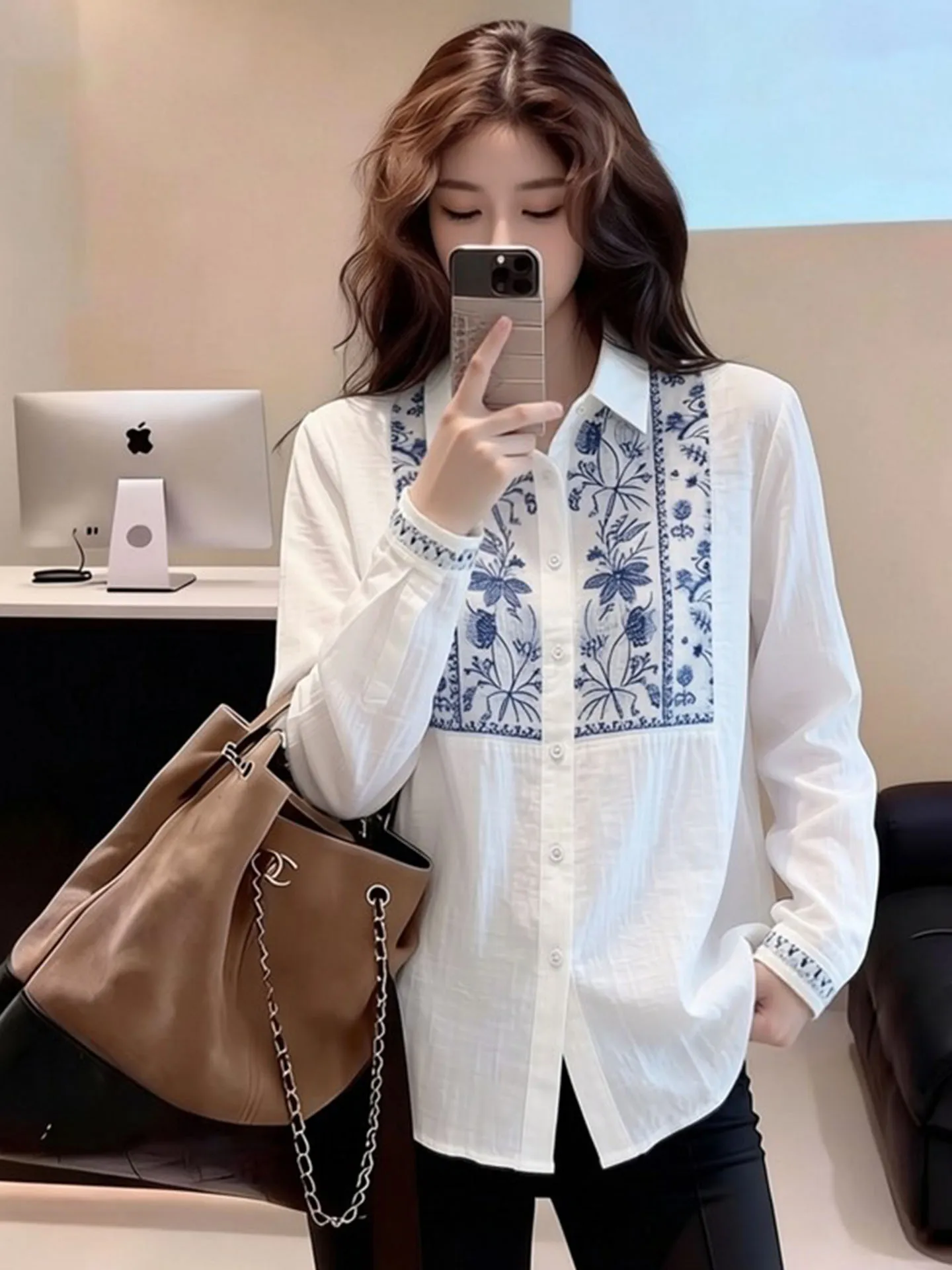 

Ретро-рубашка с этническим принтом, белая, с длинным рукавом, женская, весна 2026, приталенная, элегантная, модный дизайн, свободный крой, повседневная