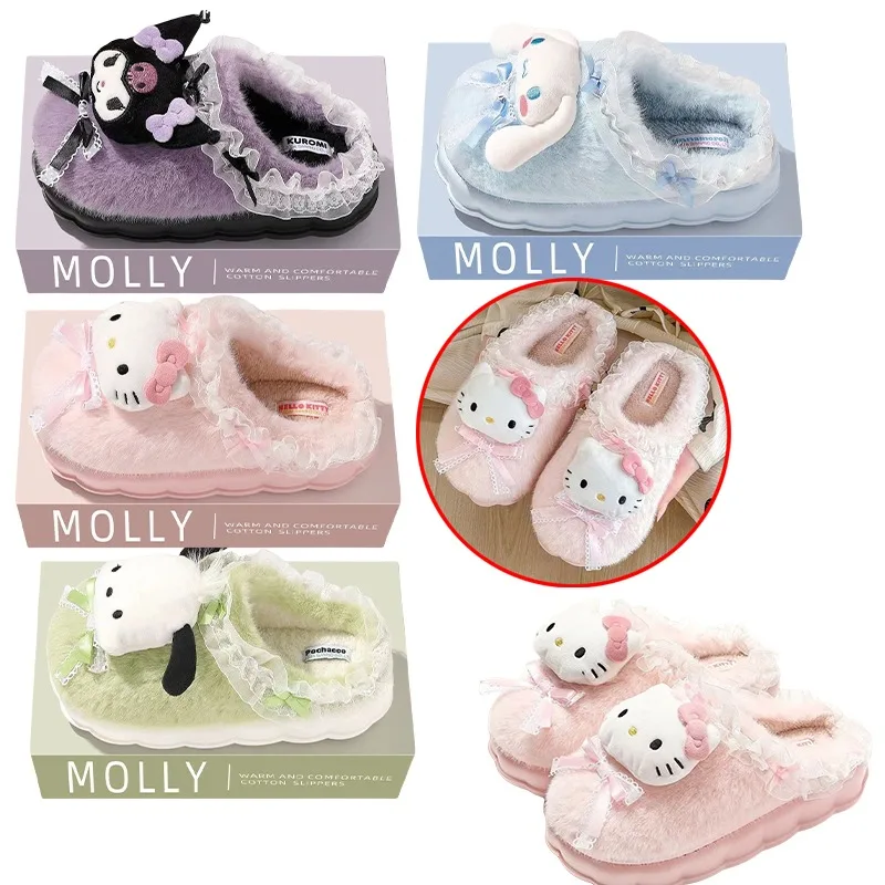 

Sanrio Hello Kitty Cotton Slippers Anime Boys Girls Non slip Warm Shoes Home Indoor Shoes Winter Casual Plush Slippers Gifts