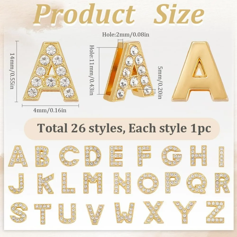 1 Box 26 Stück 26 Stile Strass Alphabet Perlen Charm Golden Crystal Letter Charms Bulk Metalllegierung Dia Full