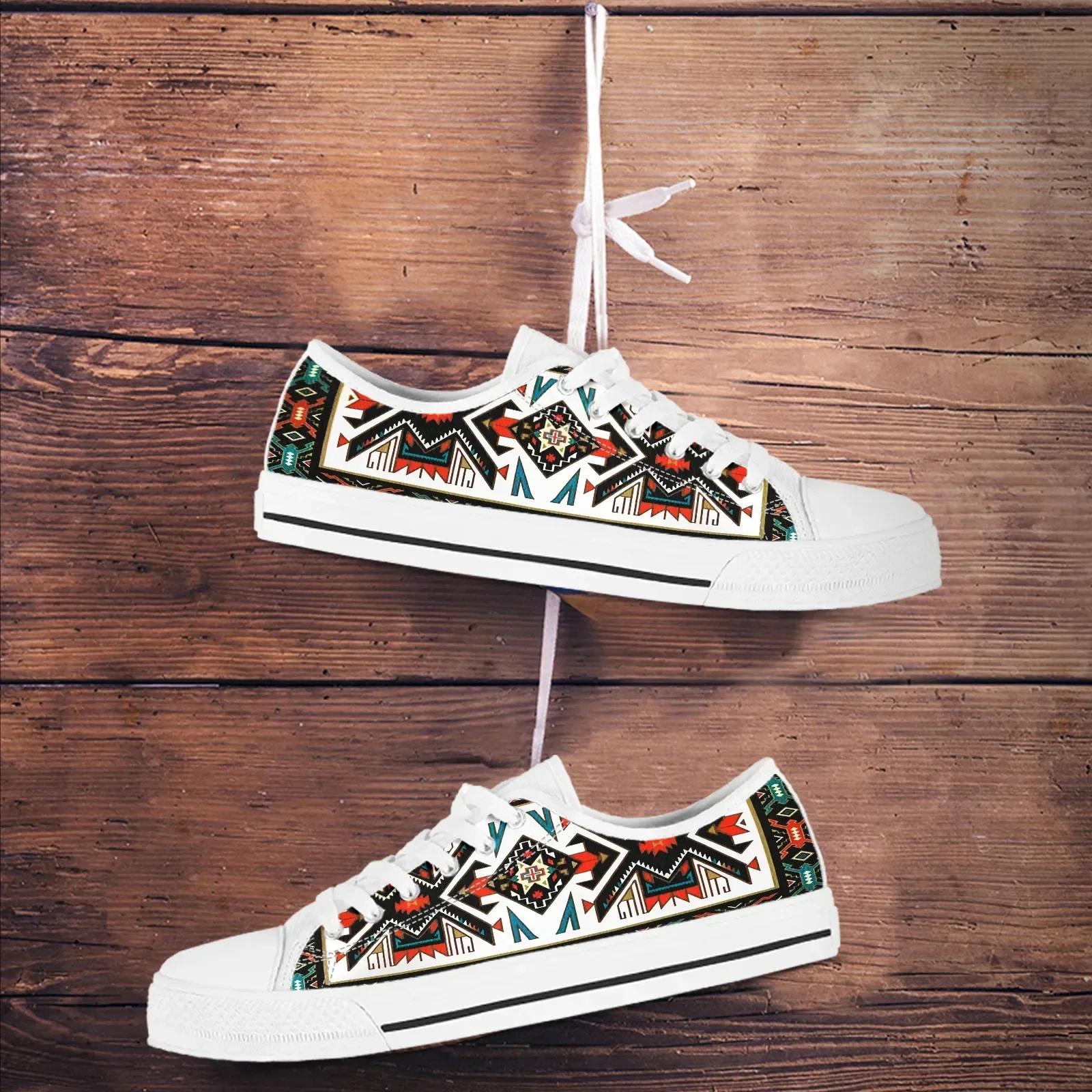 Zapatos de lona con estampado de rombos geométricos de estilo étnico para mujer y hombre, zapatillas bajas clásicas, antideslizantes, transpirables, ligeras, con cordones