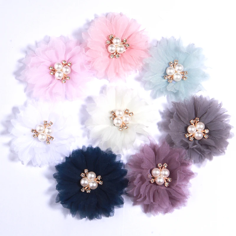 

120Pcs 6.5CM Handmade Fabric Flowers With Pearl For Baby Gilrs Headbands Chiffon Flower For Hair Clips Accessories Bouquet