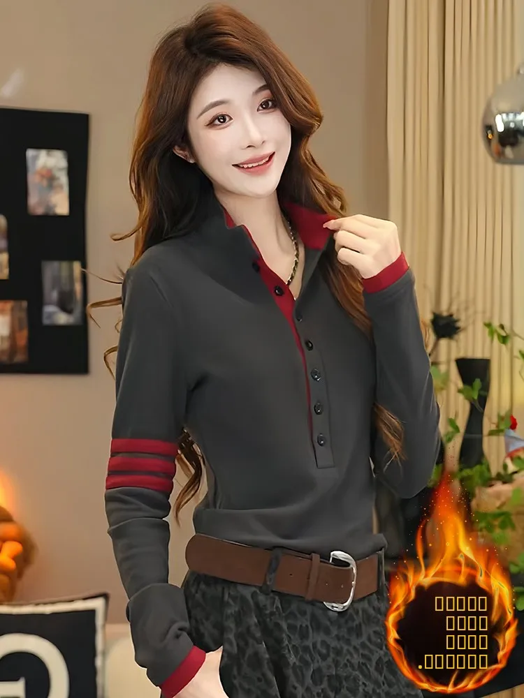 Dwustronny T-shirt z długim rękawem, damski, modny, z blokami kolorów, przeciwstarzeniowy, do pracy, styl koreański...