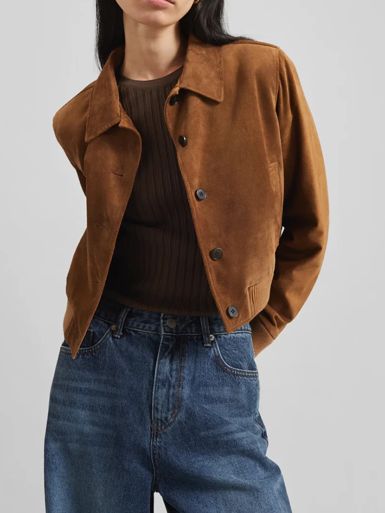 

Chic Brown Lapel Short Suede Jacket Women Casual Single-breasted Full Sleeves Loose Coat Lady 2025 Autumn Daily Street Outerwear