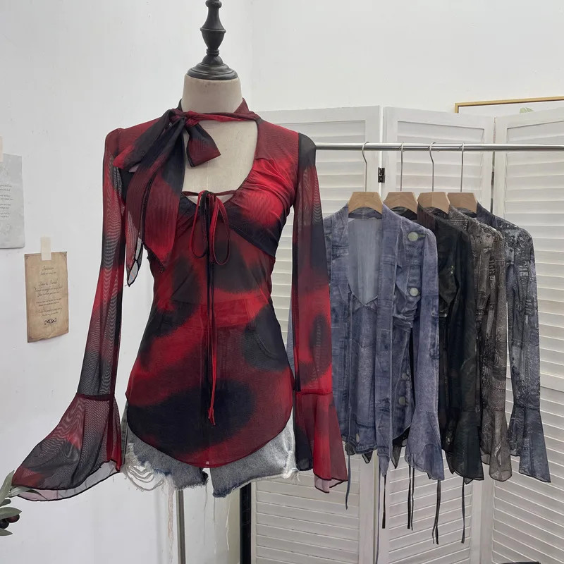 

Y2k Aesthetics Gauze Tie-dye Vintage T-shirt Harajuku Sexy See Through Slim Fit Bandage Tops Streetwear Grunge Flare Sleeve Tees