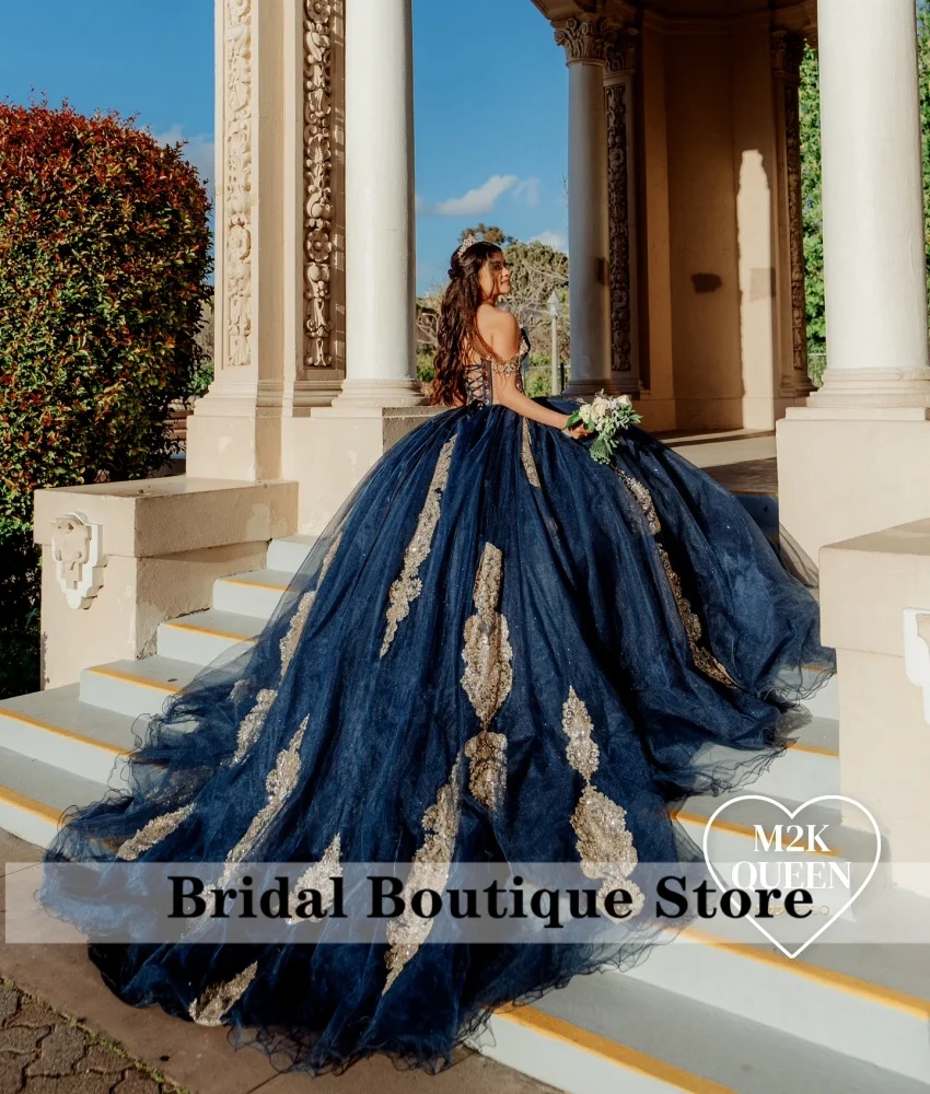 Sparkly Navy Blue Princess Ball Gown Quinceañera Dresses Beading Crystals Sweetheart Birthday Party For 15th Girls Customized 