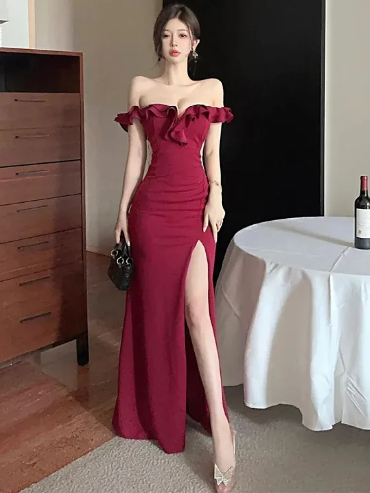 France Vintage Elegant Evening Party Dress Women Y2k Ruffled One Shoulder Strapless Midi Dress Famale Solid Korean Chic Clothes