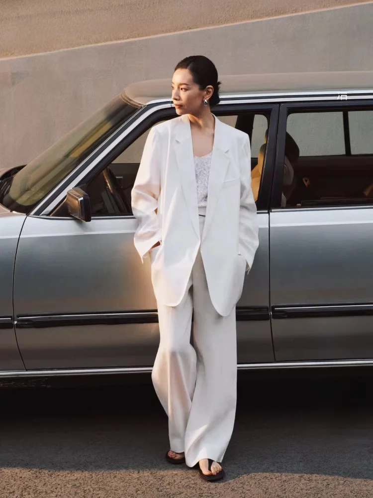 

Летние новые белые брюки прямого кроя из серии Elite Wardrobe: повседневные длинные брюки с завышенной талией из смесового волокна для женщин