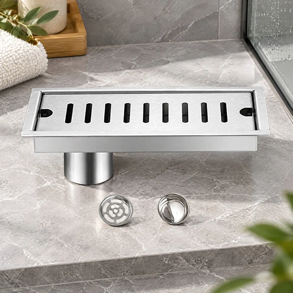304 Stainless Steel Linear Shower Drain Rectangular Floor Drain Hair Catcher Strainer Cover Bathroom Kitchen Balcony Anti-Odor