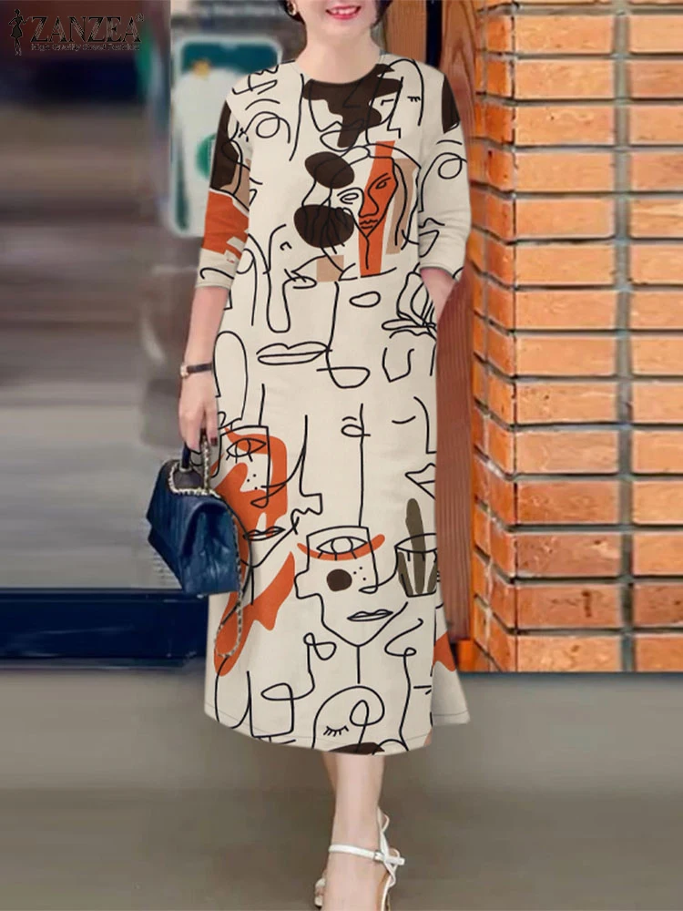 

ZANZEA Casual Loose Women Midi Dress Fashion Abstract-Faces Print O Neck 3/4 Sleeve Long Vestidos Summer Holiday Robes Femme