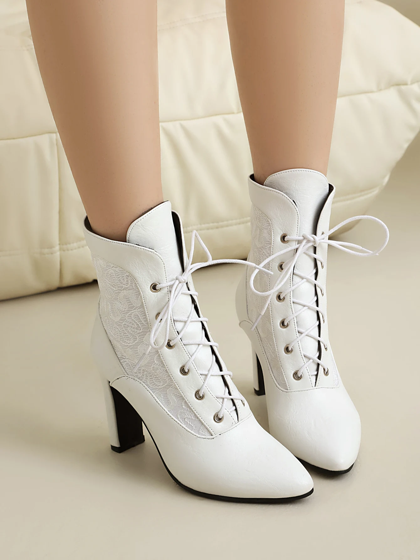 25 الخريف الشتاء السيدات 8.5 سنتيمتر كعب سميك أشار رئيس لون نقي الدانتيل بولي PU خياطة الدانتيل متابعة موضة الراحة حذاء من الجلد #4