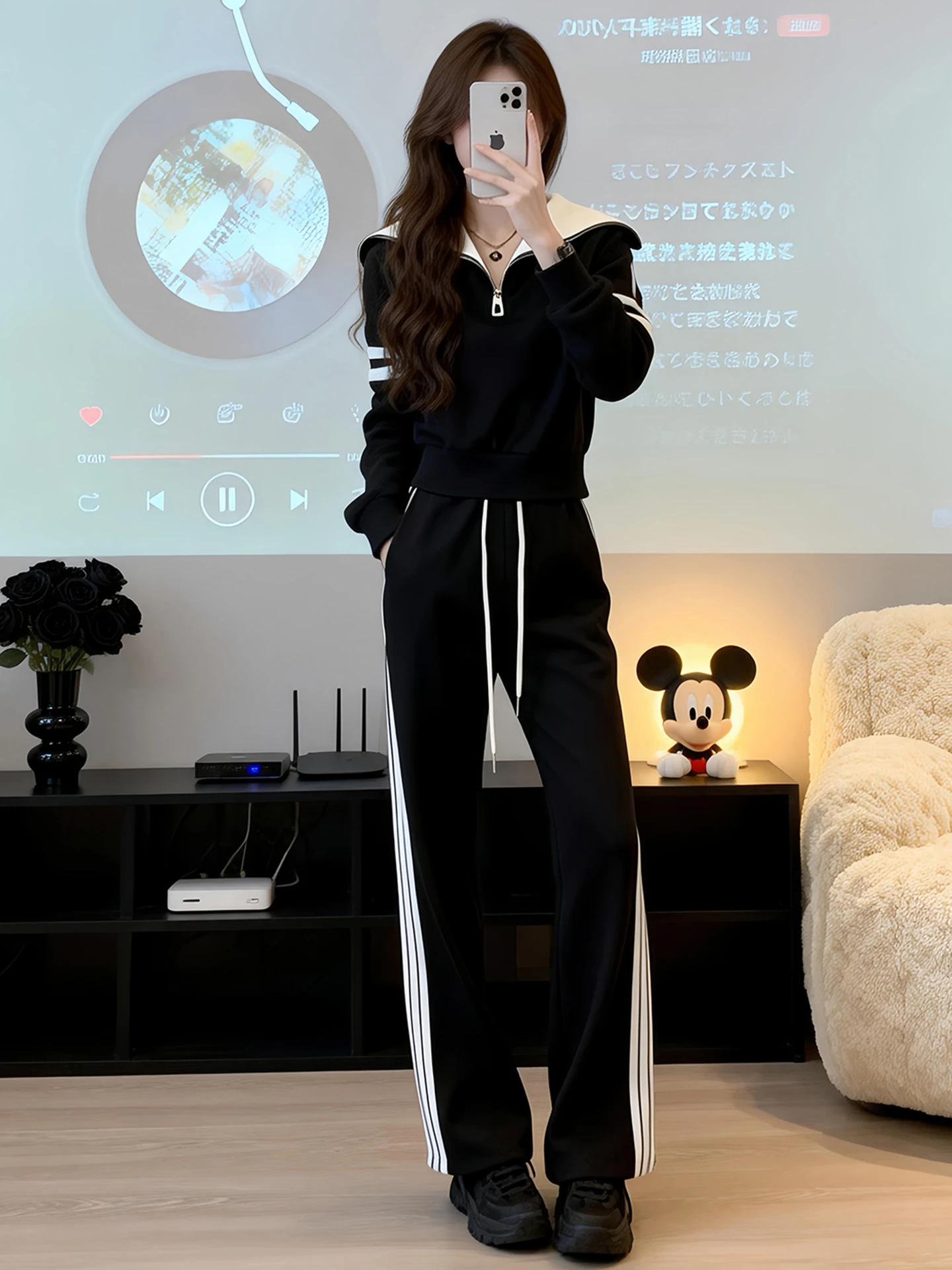 

Slimming Wide Leg Pants Set Casual Sporty Women's Two-Piece Suit Fashionable Spring Autumn New Style High Waist Zipper Closure