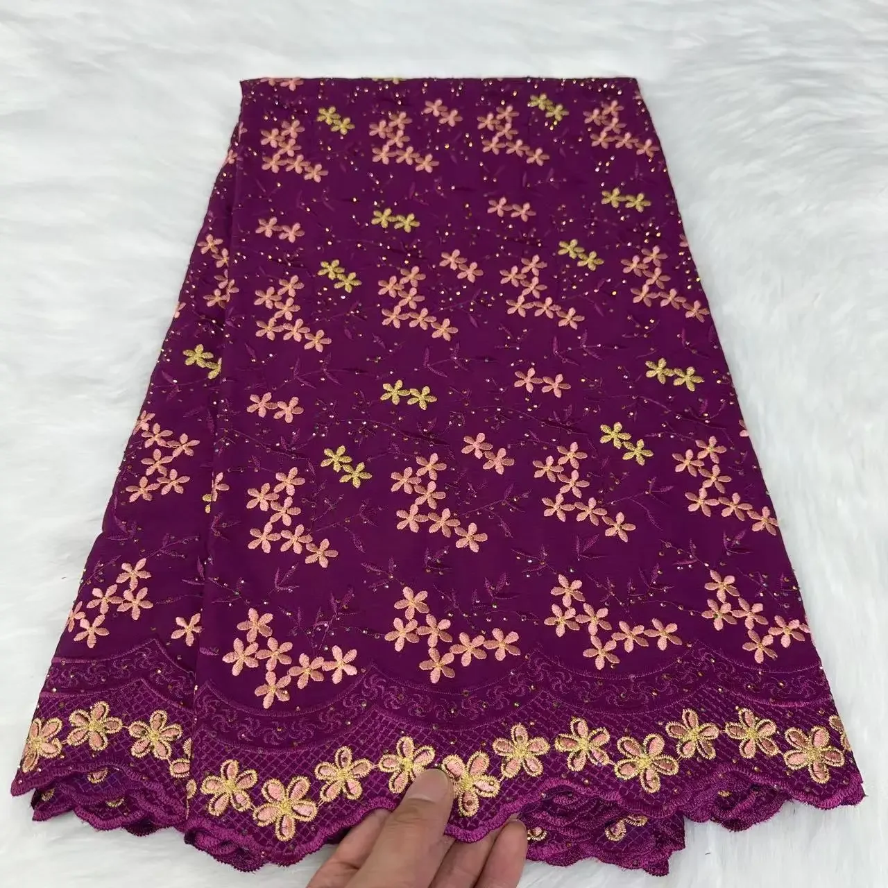 Purple African Cotton Lace Fabric Floral Embroidery High Quality Nigerian Party 2024 DIY Fabric for African women's clothing