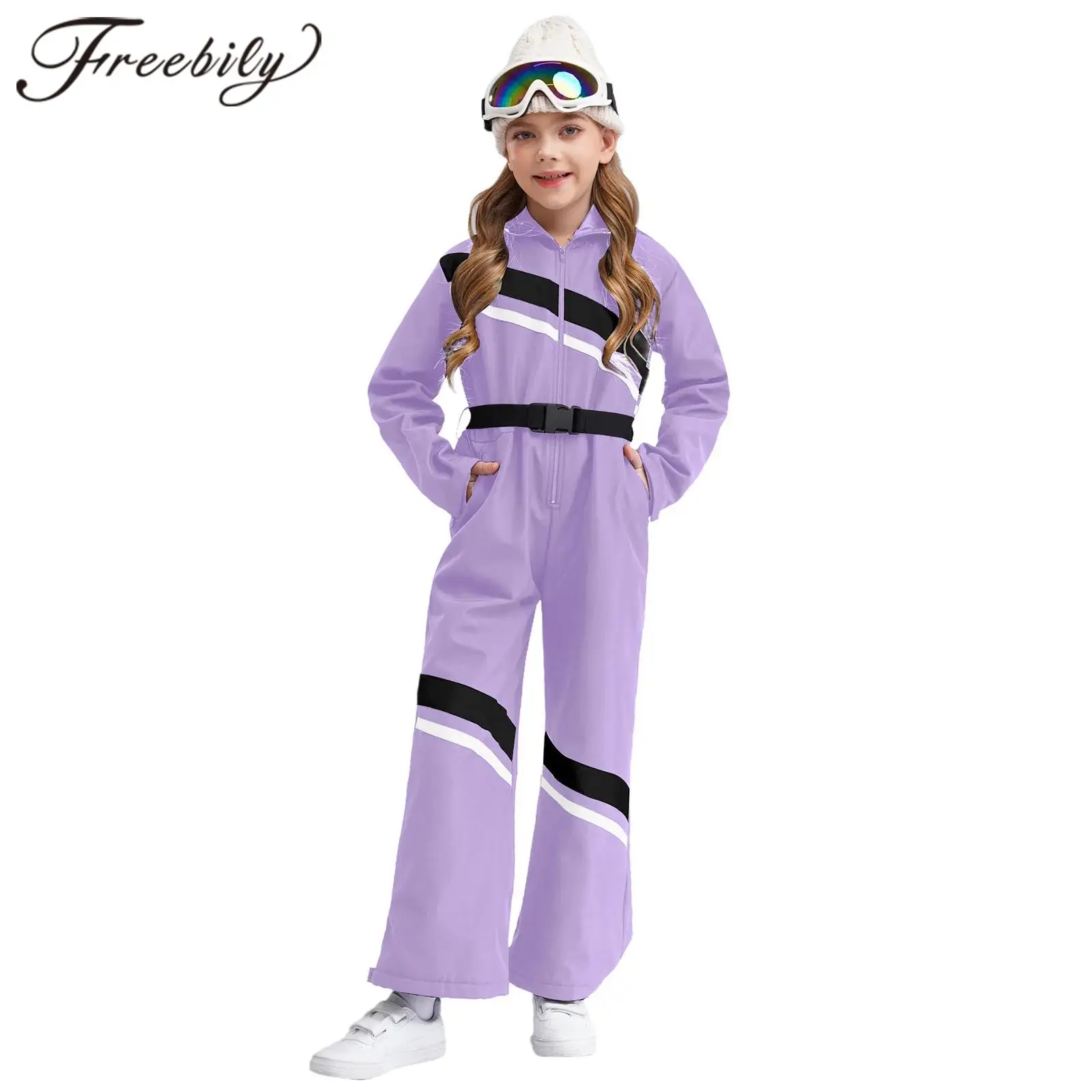 Kids Girls Ski Hooded Jumpsuit Pants Long Sleeve Zipper Color Block Bodysuit with Belt for Skiing Snowboarding Mountaineering