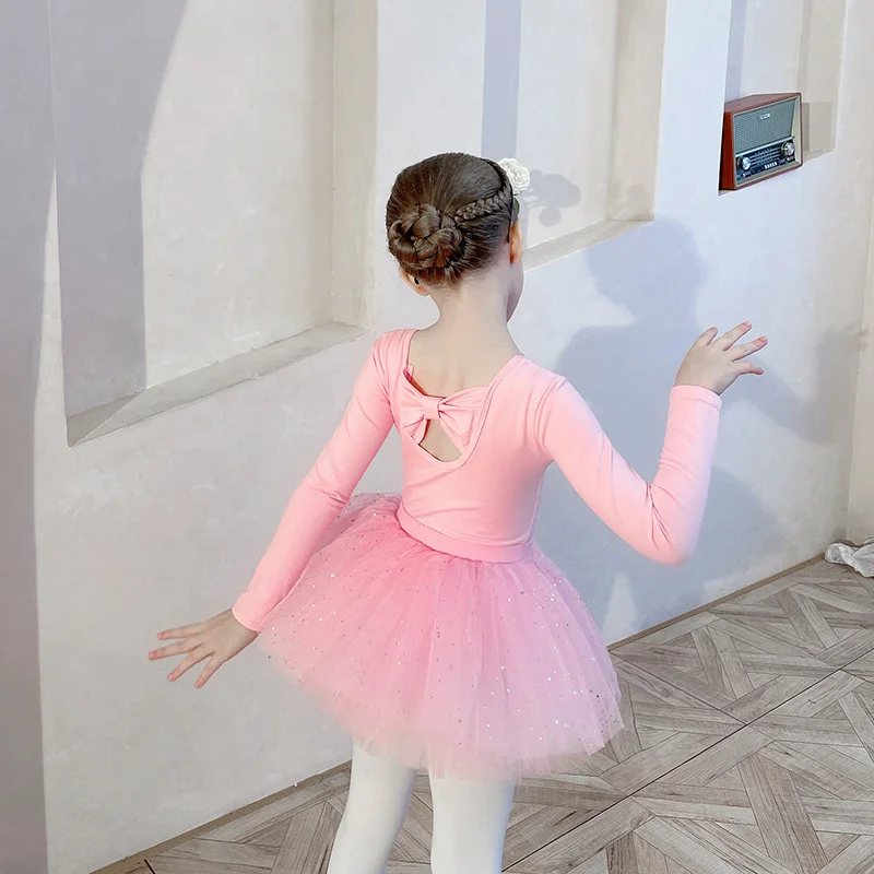 Wholesale High Quality Cute Pink Lilac Long Sleeve 2 Piece Children Ballet Dresses Kids Girls Ballet Top with skirt