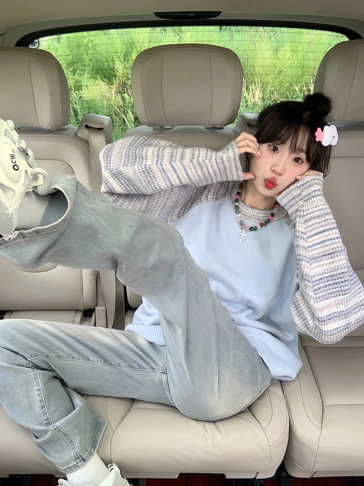 Malhas femininas azuis longas sve roupa interior outono inverno faion design coreano sle casual redondo ne topo