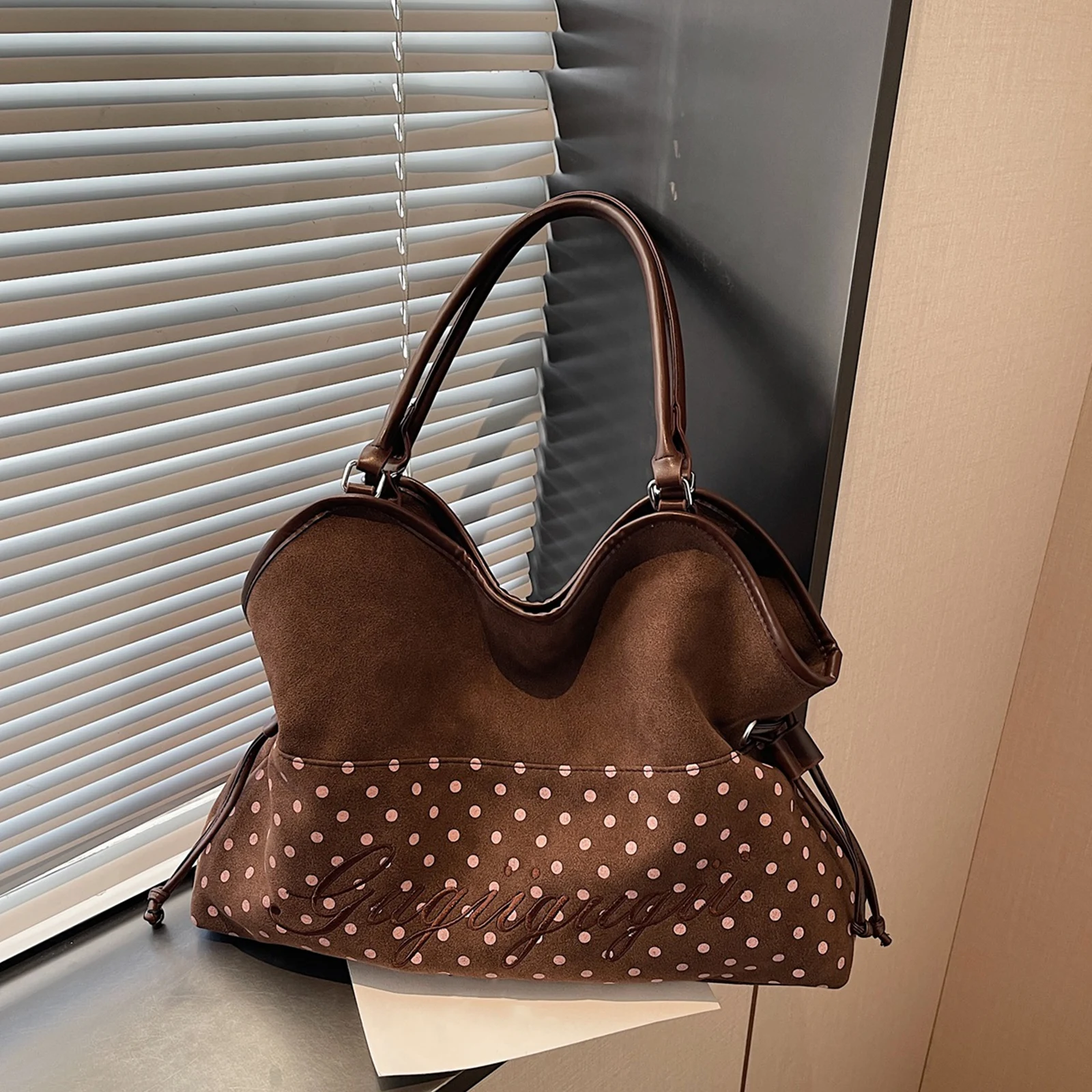 

Women Faux Suede Shoulder Bags Polka Dot Handbags for Work Shopping Travel Daily