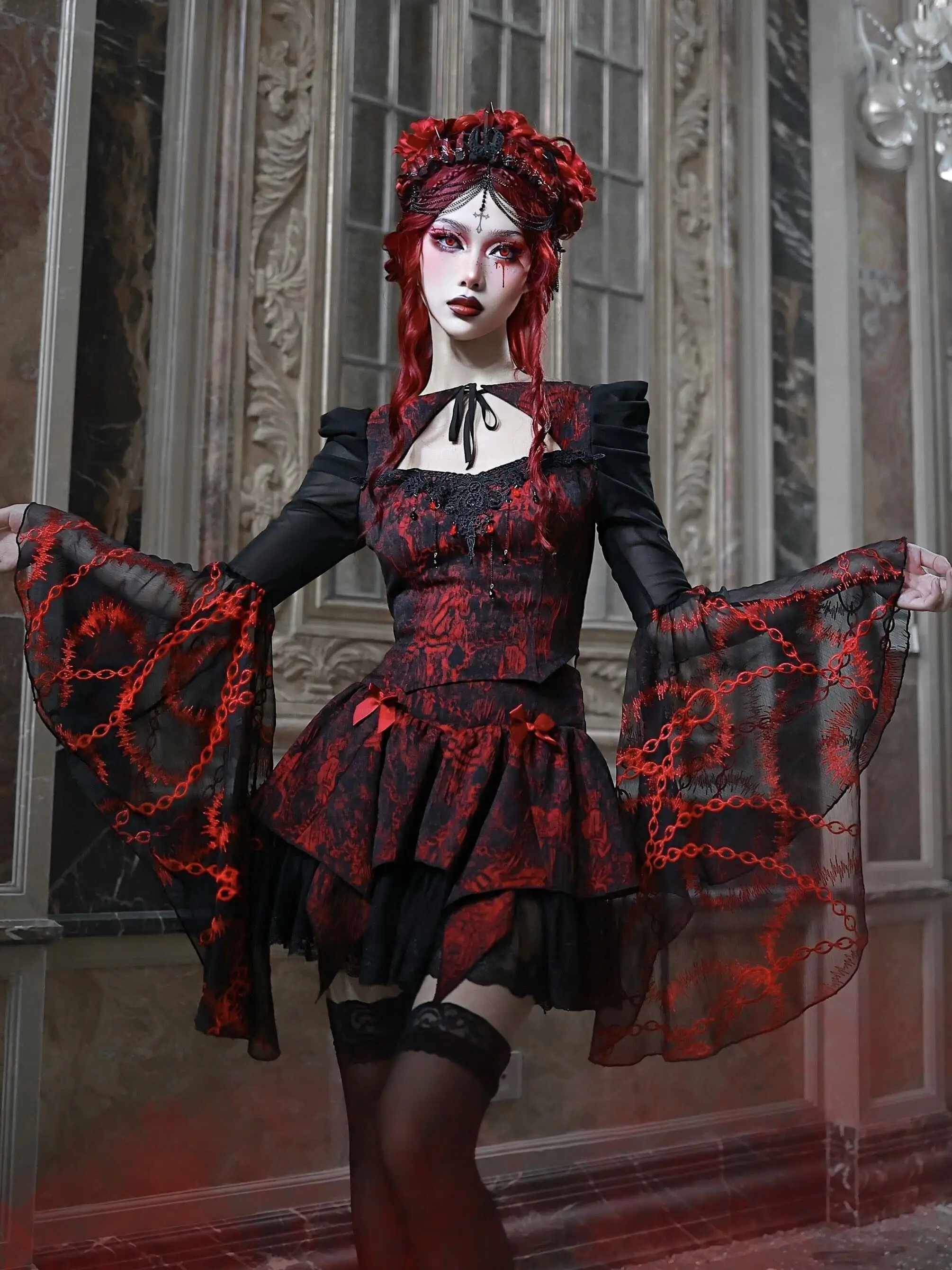 Blood Supply Original Gothic Red Black Rose Embroid Lace Long Flying Sleeve Blouse Hollow Out Halloween Mesh Punk Blusa Summer