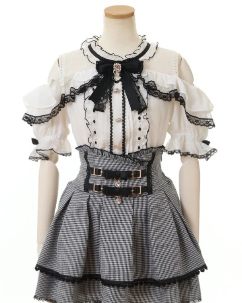 Liz Japanese Mass-Produced Mine Off-Shoulder Lace Ruffle Color-Block Bow Shirt Short Sleeve Tops Spring Summer Lolita Blouses