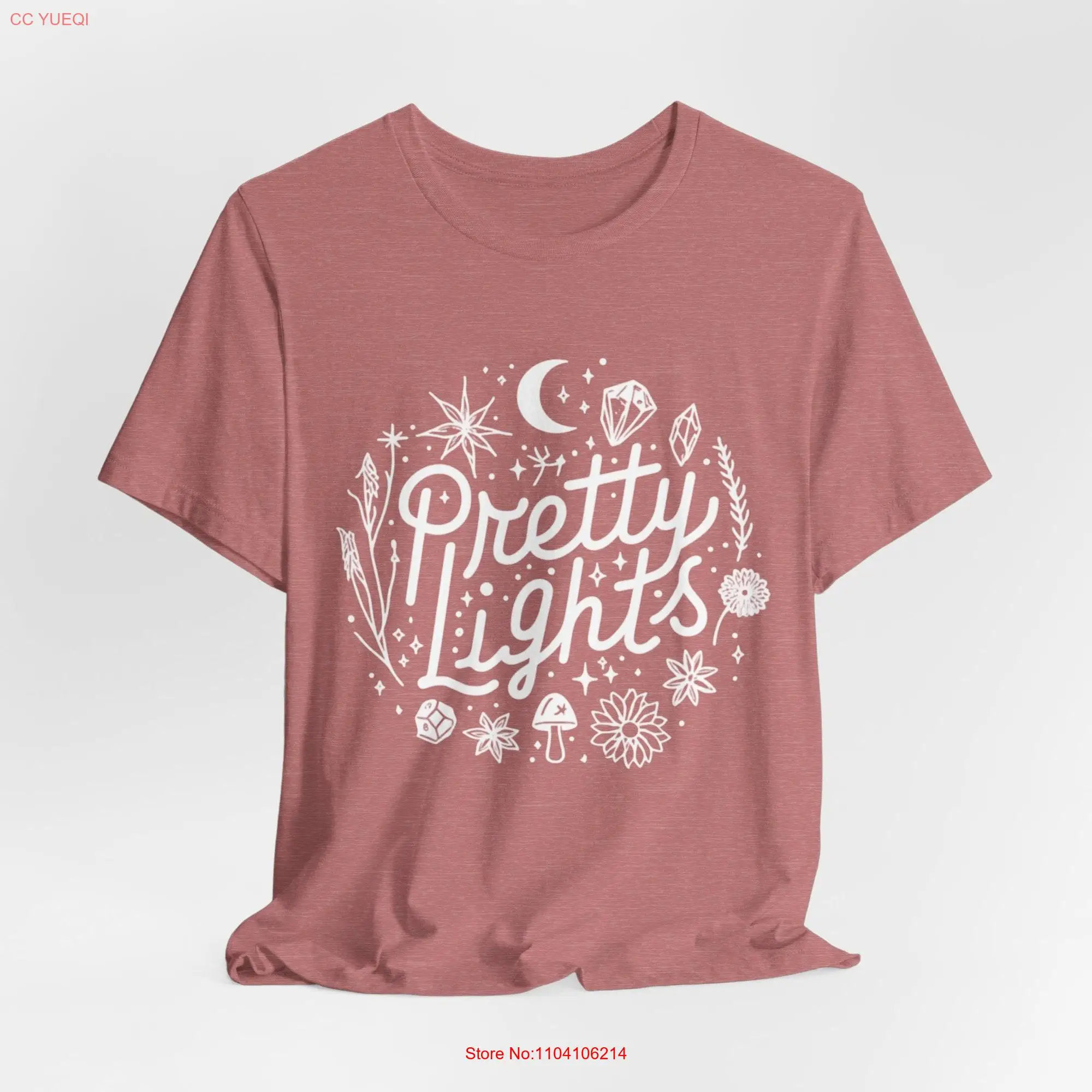 Pretty Lights Crystals and Moon Mushrooms Cursive Logo T Shirt Floral Festival Boho Hippie Jersey  long or short sleeves