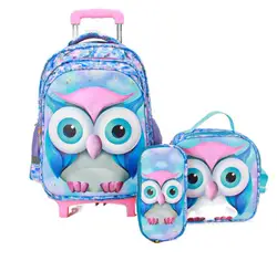 Saco de carrinho escolar para meninas Mochila com rodas de coruja, Lunch Bag Set, Kids Rolling Backpack, Schoolbag Set Satchel with Wheels