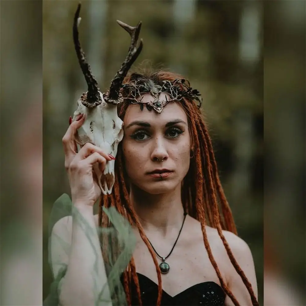 Vintage Fairy Black Green Antler Crown Wedding Party Halloween Cosplay Forest Headpiece Photos Elven Princess Tiara for Women