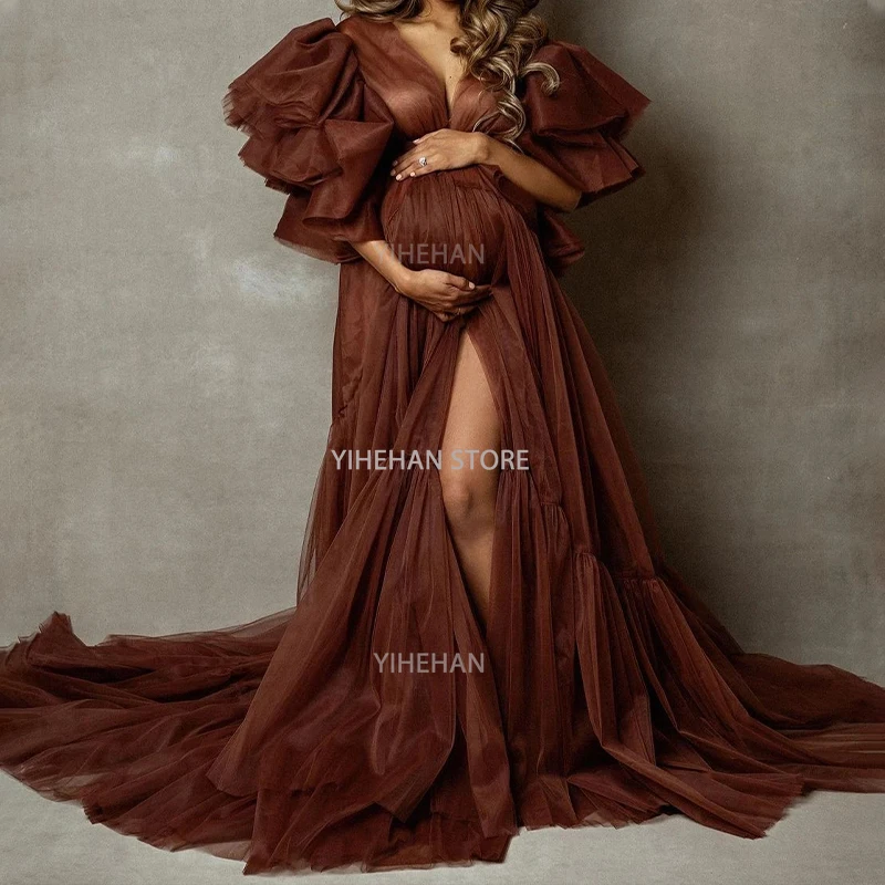 Customized Brown Maternity Dresses Photo Shoot Tulle Maternity Robe Pregnant Women Gowns Fluffy Ruffle Robe Formal Party Dress