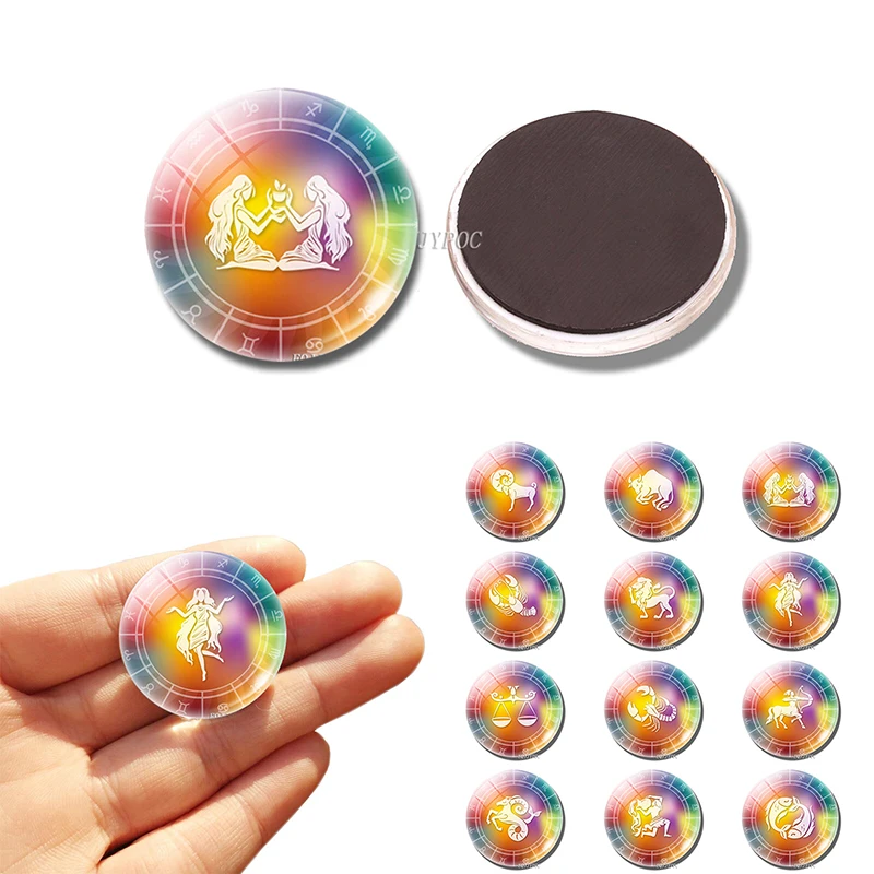 Dome 30mm Fridge Magnet Fashion Home Decoration Crystal 12 Constellation Glass Clear Rainbow Color Magnetic Sticker Cartoon