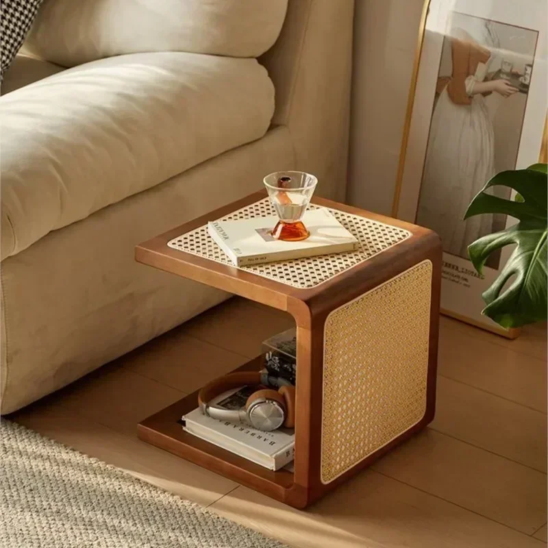 Aesthetic Style Solid Wood Rattan Side Table Japanese Balcony Window Sofa Small Coffee Table Placeholder Retro Bedside Table