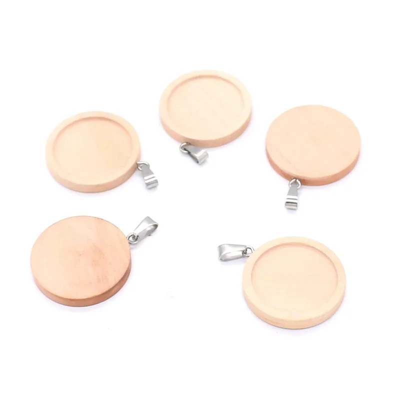 10pcs/lot 25mm Inner Size Wood and stainless steel hook Classic Simple Style Cabochon Base Setting Charms Pendant Jewelry Making