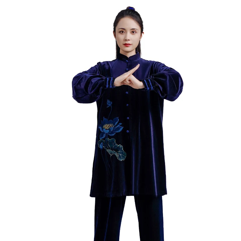 Kun Master Thicken Velvet Taichi Uniform Elegant Winter Martial Arts Suit Embroidery Kung Fu Clothes Taiji for Women