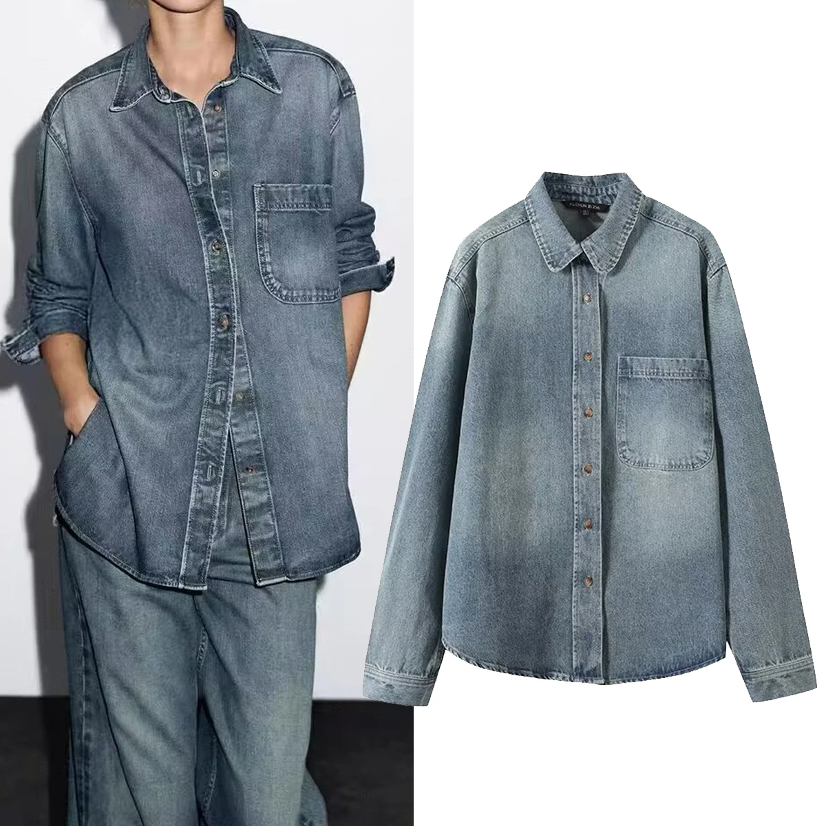 

Faionable Women's irt H2544 Single ket Turn-down Collar All-matching Top European Sle Straight-cut Polyester Long Sl...