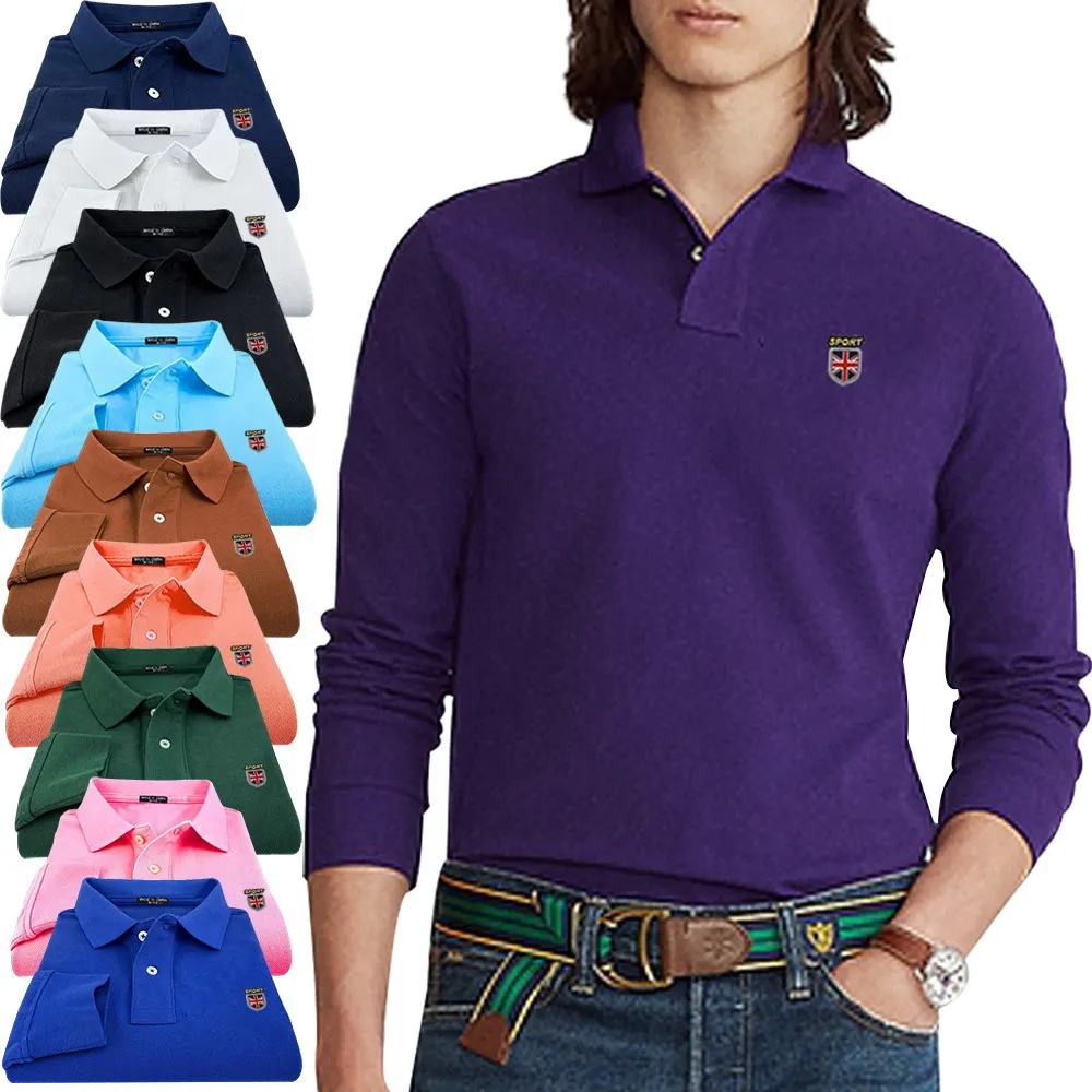 100% Cotton  Men\'s Long Sleeve Polo Shirts Fit Type High Quality Spring Autumn Casual Mens Polos Shirts Clothes Lapel Tops 812