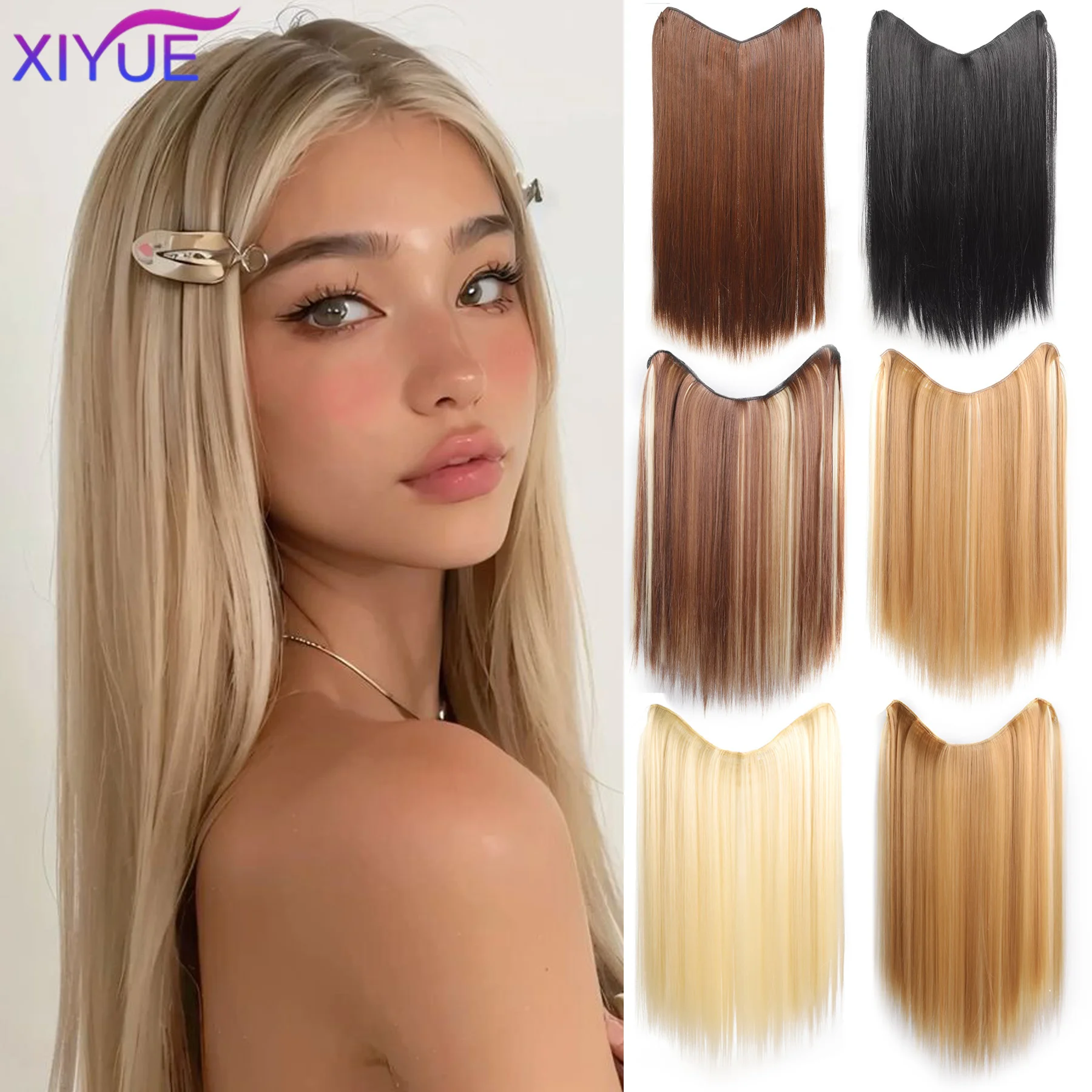 XIYUE Synthetic Long Straight U-Shaped Half Head Wig for Women Black Brown Clips in Hair Extension Natural Fake Hairpieces