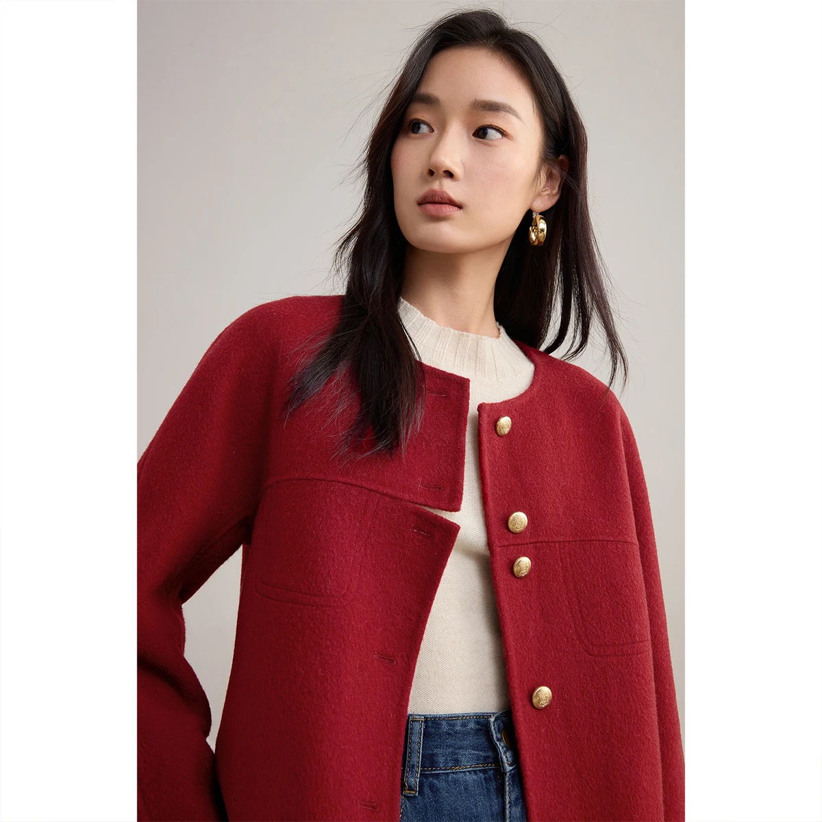 

SENTUBILA женское пальто из чистой шерсти, элегантное зимнее короткое пальто с круглым вырезом 2025 года, офисные женские куртки с длинными рукавами, W54OF8764