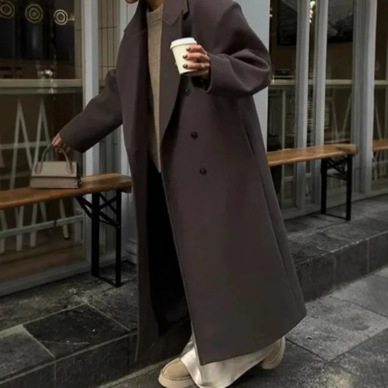 

Элегантные женские длинные пальто для отдыха, двубортные коричневые пальто с лацканами, осень-зима 202, женская верхняя одежда для поездок на работу