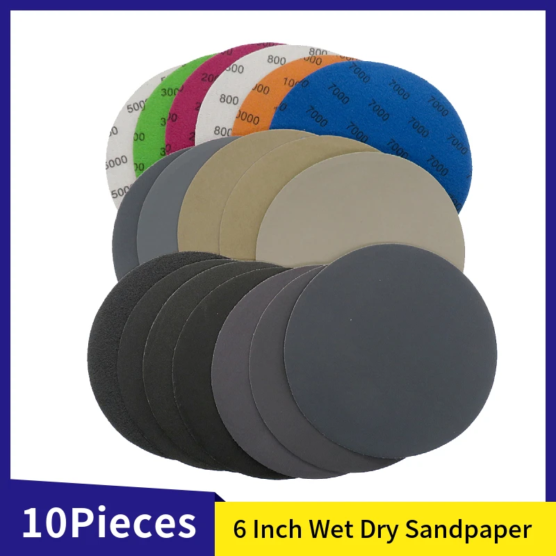 

6 Inch Waterproof Hook Loop Sanding Discs 60-10000 Grit Flocking Sandpaper 150mm for Wet Dry Grinder Polishing, 10 Pieces