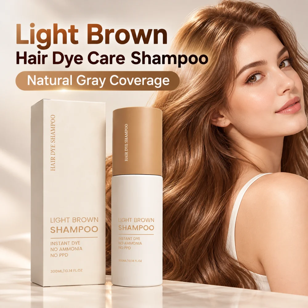 300ml Hair Coloring Shampoo Light Brown Gray Coverage Botanical Ginseng Ganoderma Formula for Gentle Cleansing and Radiant Hair