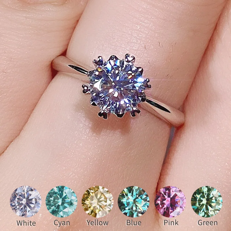 

100% Real Moissanite Ring 1ct For Women Birthday Gift Fine Jewelry Blue Green Yellow Pink Red Diamond Wedding Rings S925 Silver