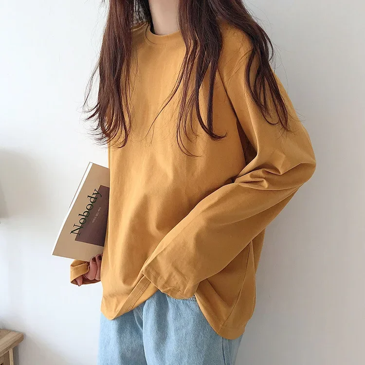 Korean Style Multi-color Preppy Style Loose-fit Long Sleeve Round Neck T-shirt Women's Spring/autumn Trendy Base Layer Top