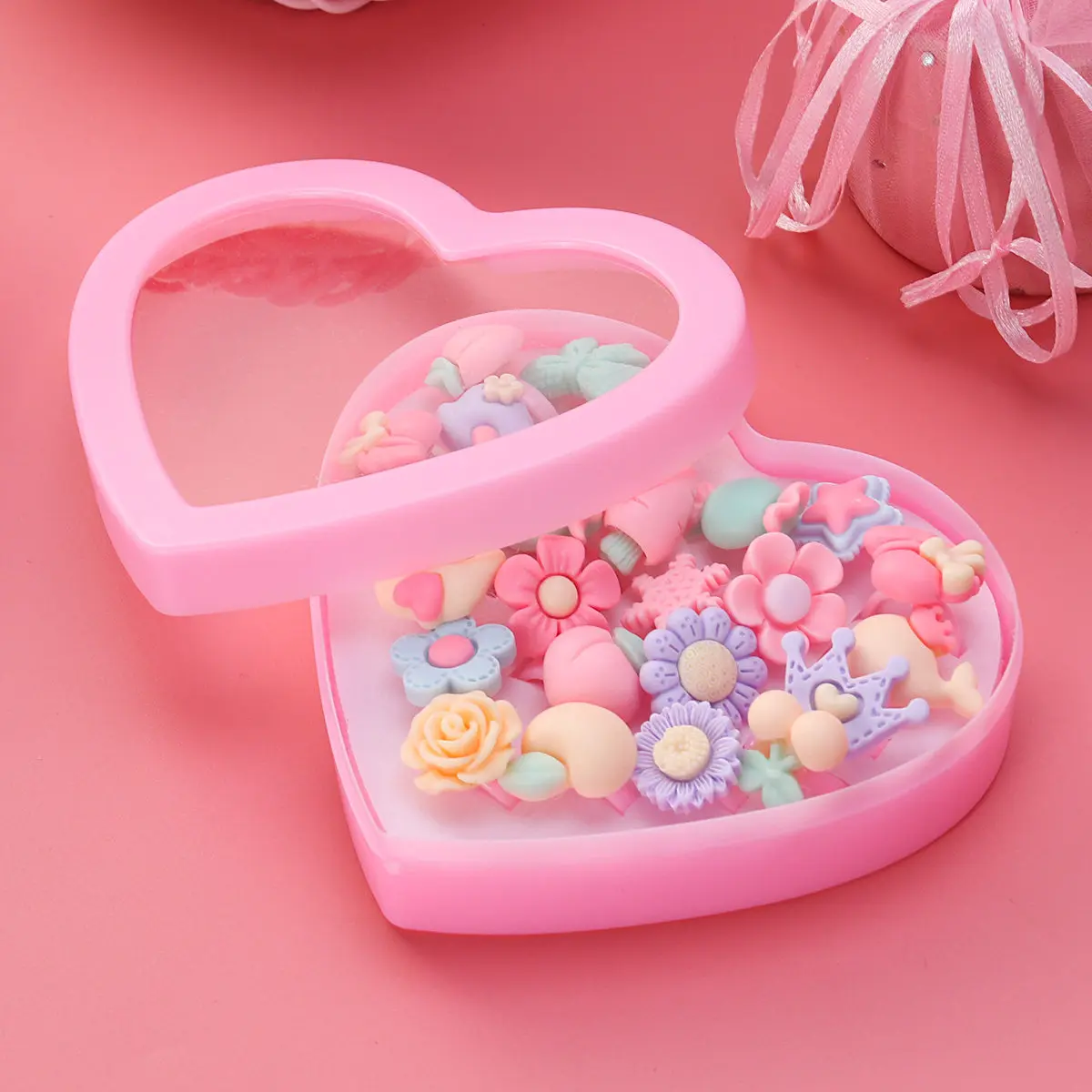 24Pcs Cartoon Rings Colorful Flower Design Heart Shaped Box Gift for Birthday Party Dress Up Ring