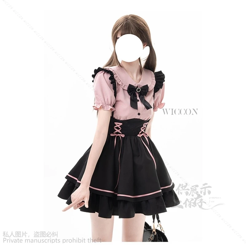 Anime Cosplay Kawaii Girls Roleplay Dress Japanese Lolita Mine Style Pinafore Skirt Pink Kawaii Y2k Kawaii Sweet Bow Girly Belt