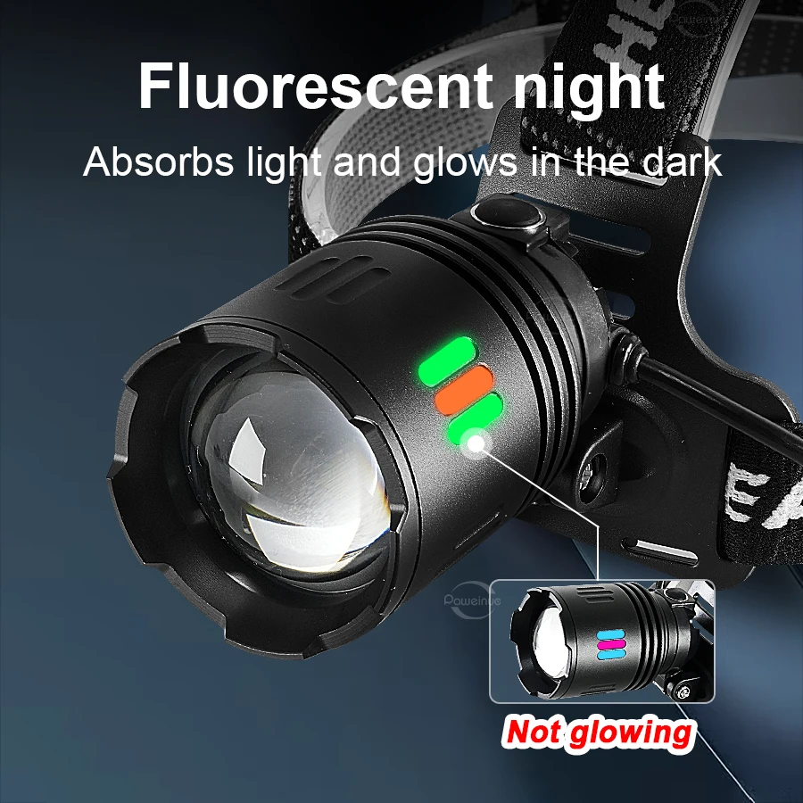 Fluorescent Headlight High Power LED Headlamp Rechargeable Head Flashlight 18650 Waterproof Head Lantern Outdoor Camping Fishing