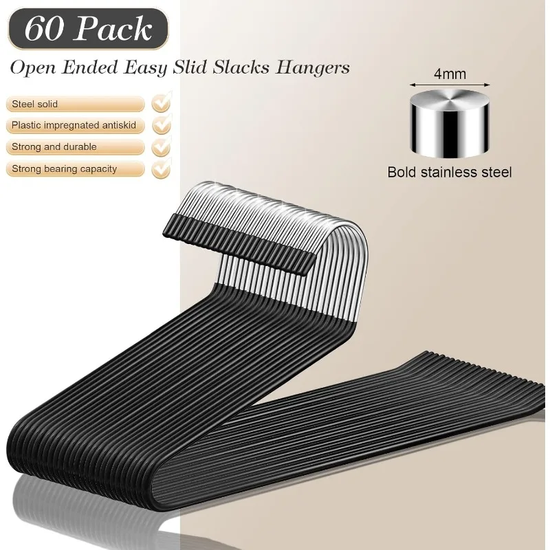 60 Pack Open Ended Pants Hangers, Metal Non Slip Trouser Hangers, Anti Rust Chrome Rubber Coating Slack Jeans, Heavy Duty