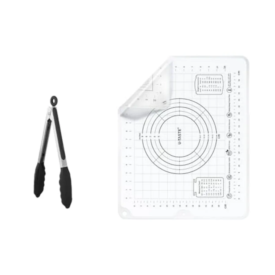 

600 ℉ Жаростойкие пищевые антипригарные твердые щипцы для приготовления пищи (9 дюймов, черные), и большой силиконовый коврик для кондитерских изделий 20 x 16 дюймов, пищевой нет