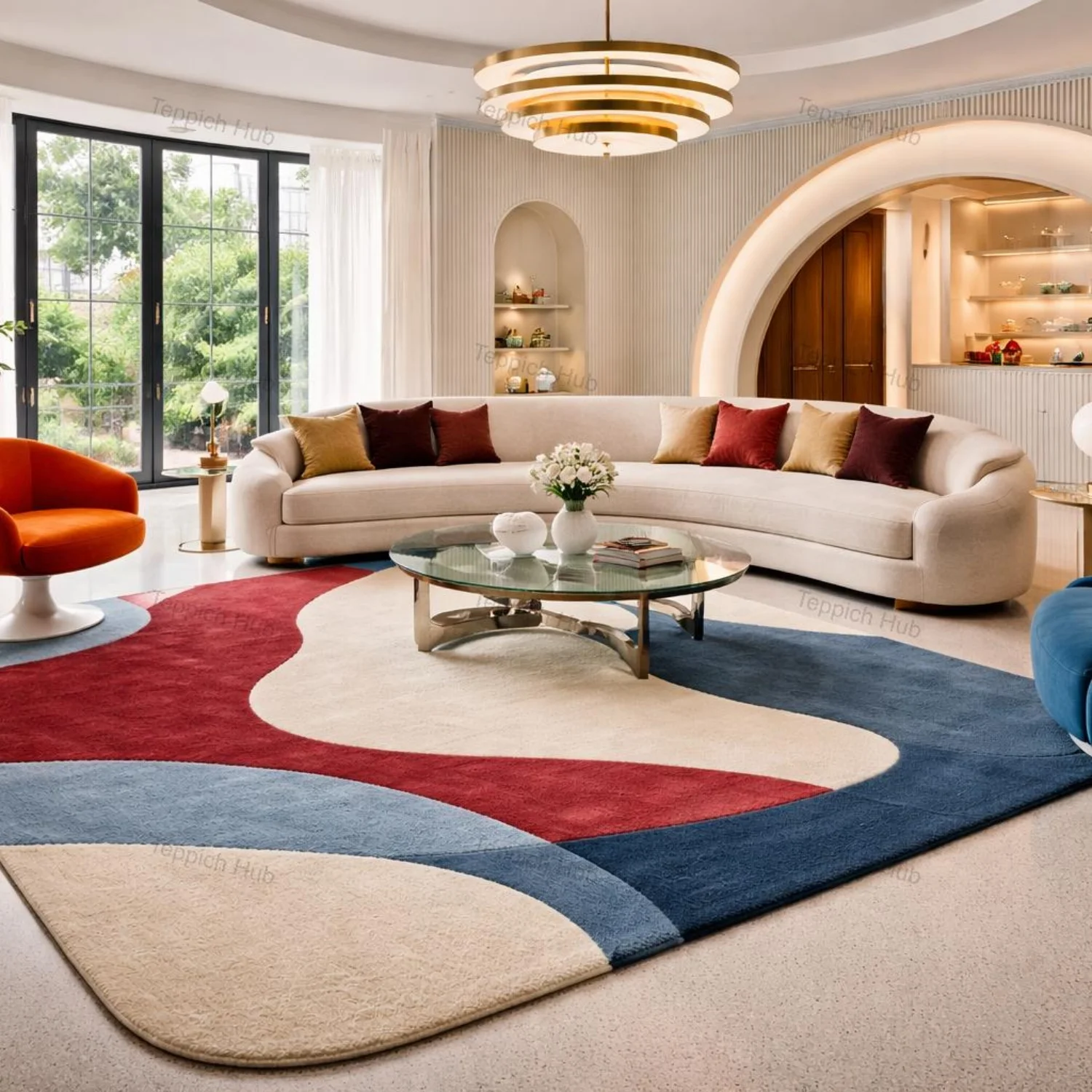 Room Decor Rug  Burgundy Navy Abstract Wavy Design H1and Tufted Wool Rug  Minimal Mid Century Modern StateM1ent Carpet