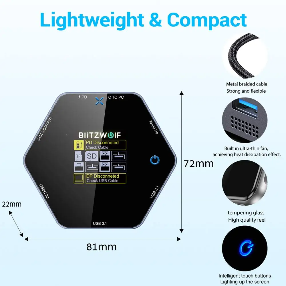 Imagem -02 - Blitzwolf-smart Display Docking Station Bw-th16 em Hub Usb Lcd Tipo-c 3.1 hd 4k @ 60hz sd Slots de Cartão tf