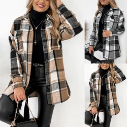 Autumn and Winter Women's New Fashionable Long Sleeved Single Breasted Plaid Printed Shirt Collar Woolen Jacket