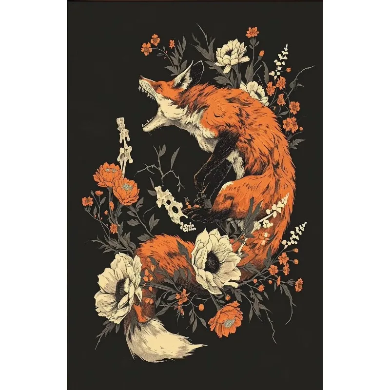 Horrible Floral Skeleton Animal Poster Gothic Bat Owl Rabbit Fox Canvas Painting Occult Wall Art Dark Academia Room Home Deco