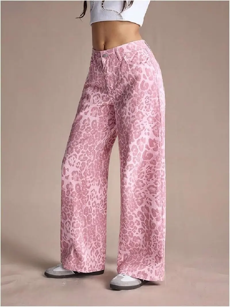 Women's Pink Leopard Print Jeans Summer Fashion Loose Casual Straight-leg Wide-leg Pants Floor-length Dopamine Style Trousers