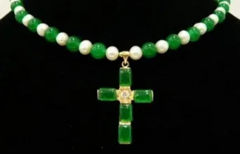 

Real White Pearl Green Jade Cross Pendant KGP Clasp Necklace